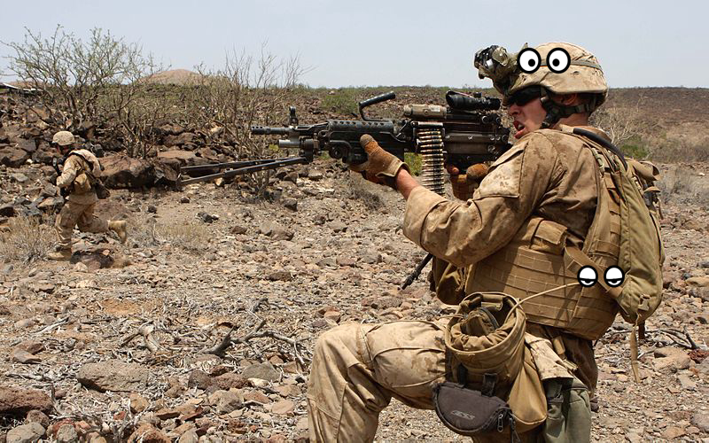 Helmet, Backpack, Weapon