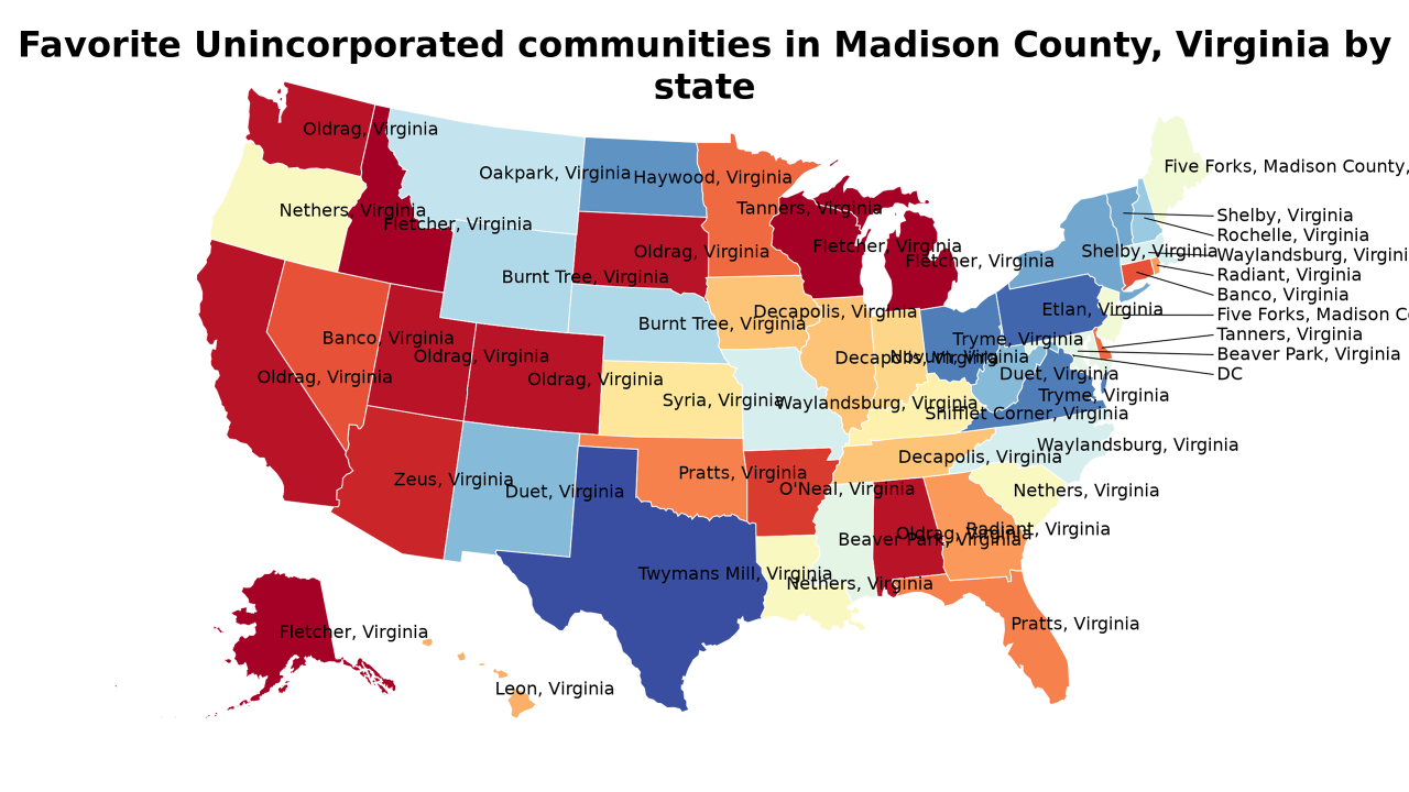 Unincorporated communities in Madison County, Virginia map