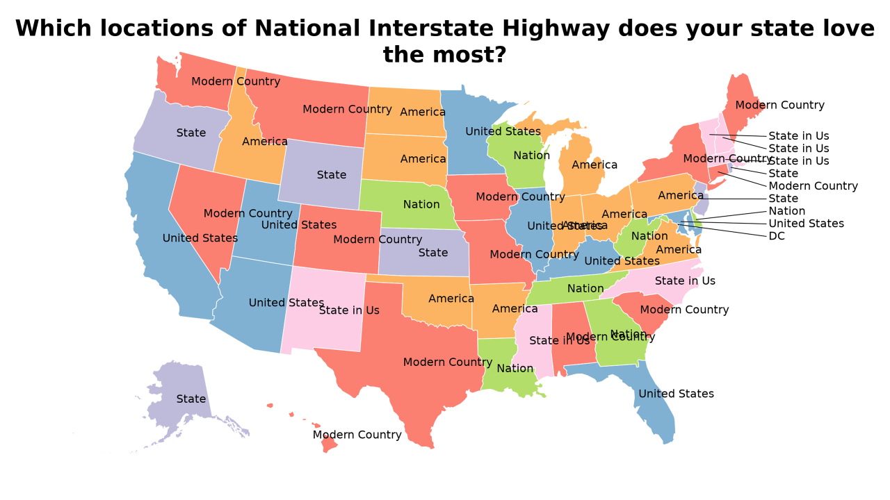 locations of National Interstate Highway map