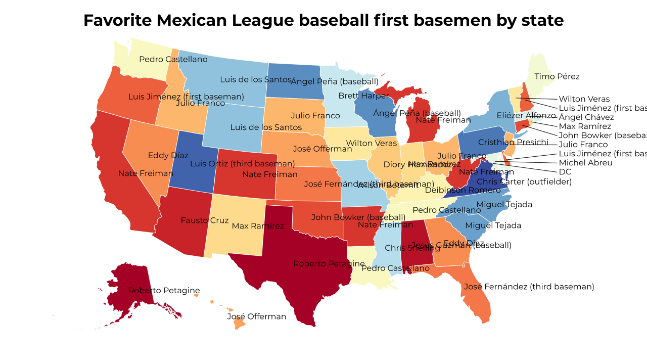 Mexican League baseball first basemen map