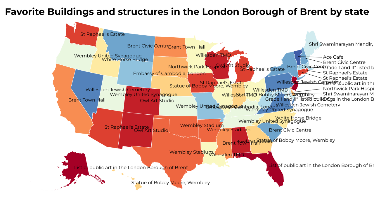 Buildings and structures in the London Borough of Brent map