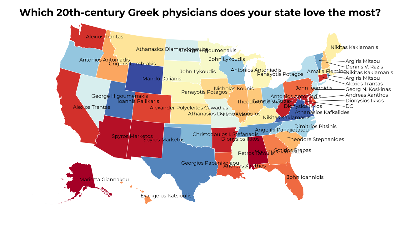 20th-century Greek physicians map