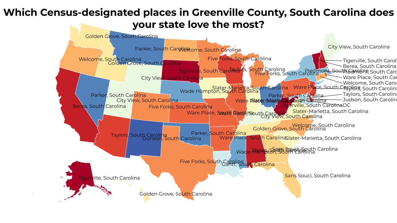 Census-designated places in Greenville County, South Carolina map