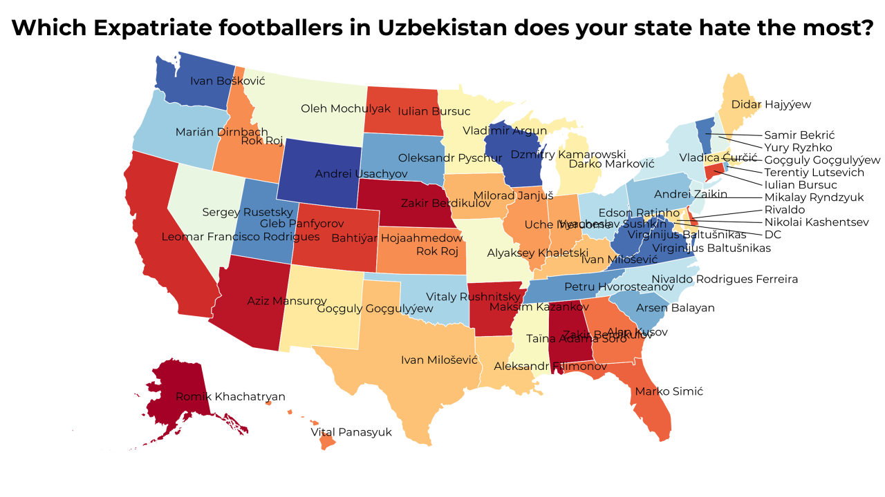 Expatriate footballers in Uzbekistan map