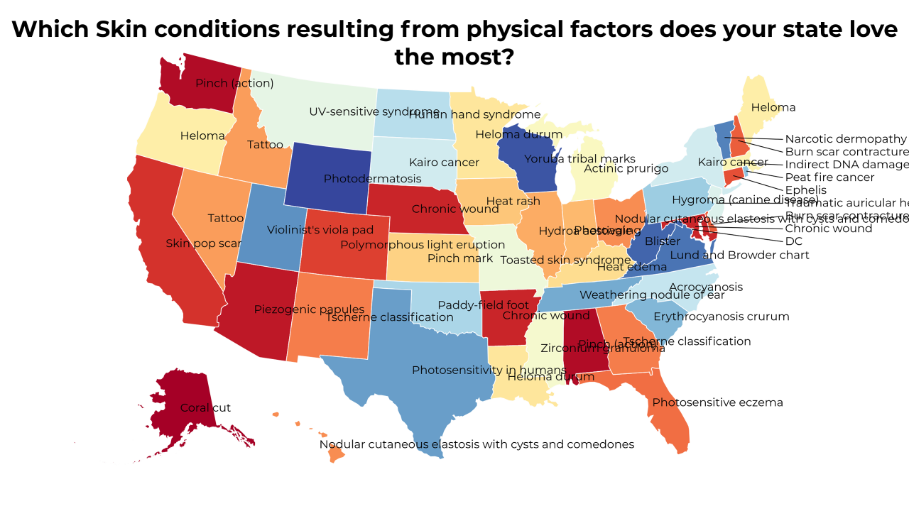 Skin conditions resulting from physical factors map