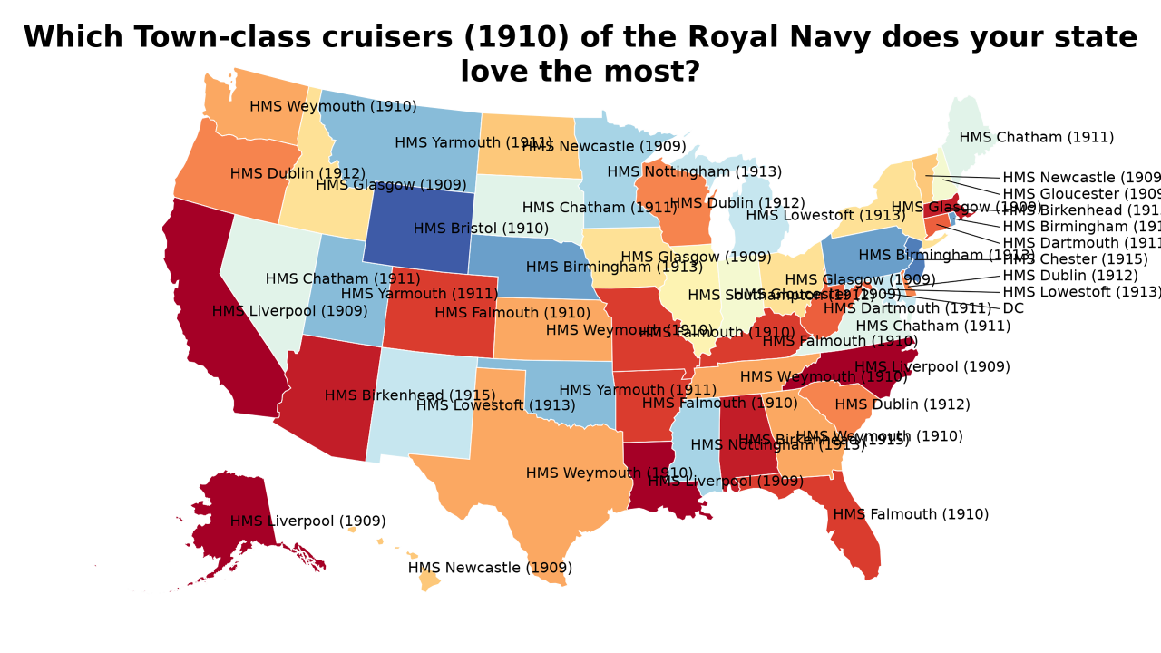 Town-class cruisers (1910) of the Royal Navy map