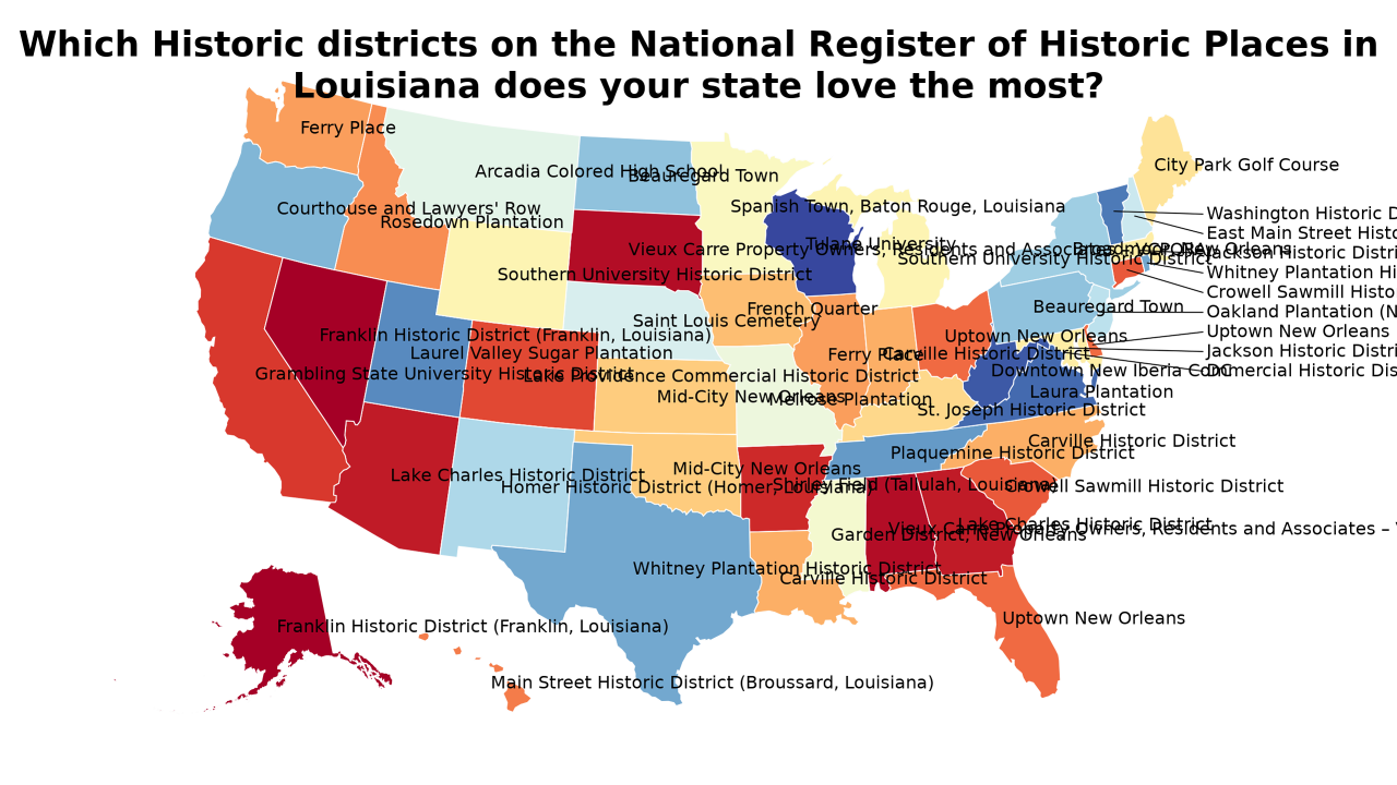 Historic districts on the National Register of Historic Places in Louisiana map