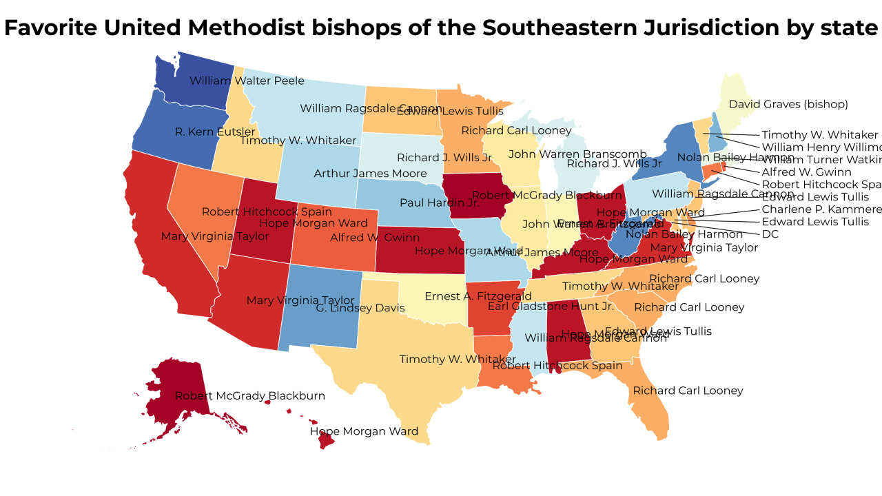 United Methodist bishops of the Southeastern Jurisdiction map