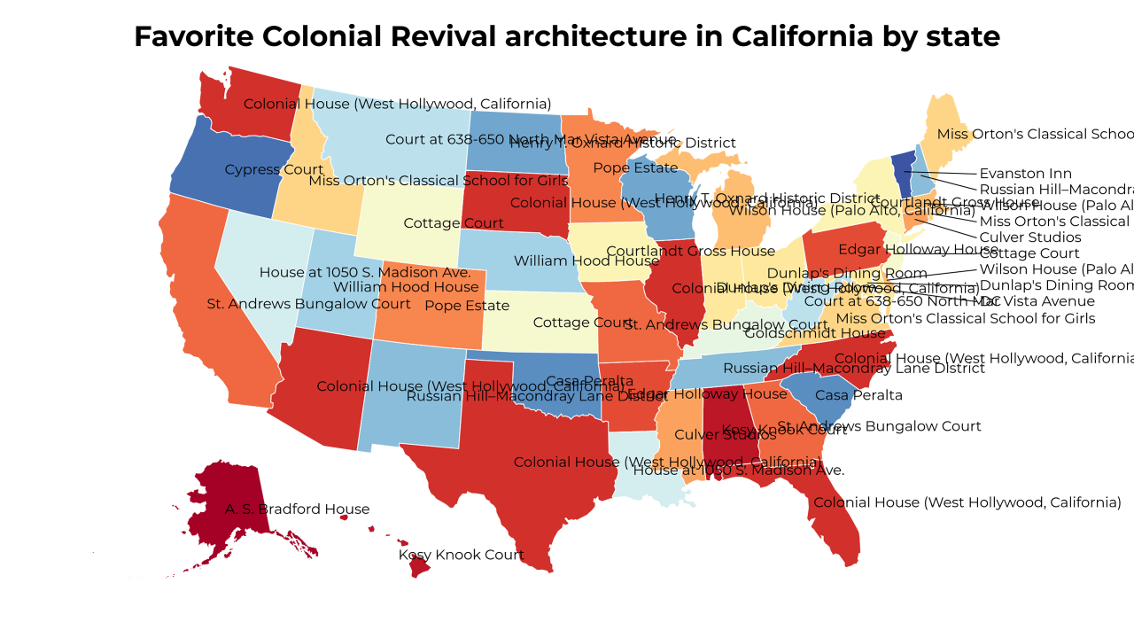 Colonial Revival architecture in California map