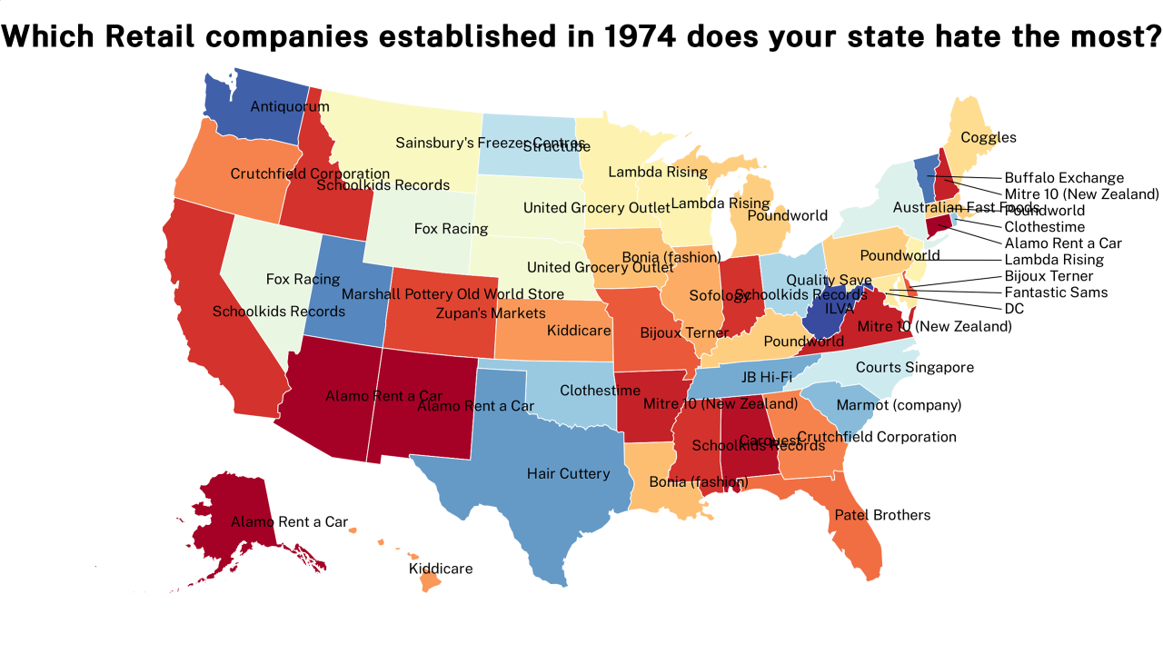Retail companies established in 1974 map