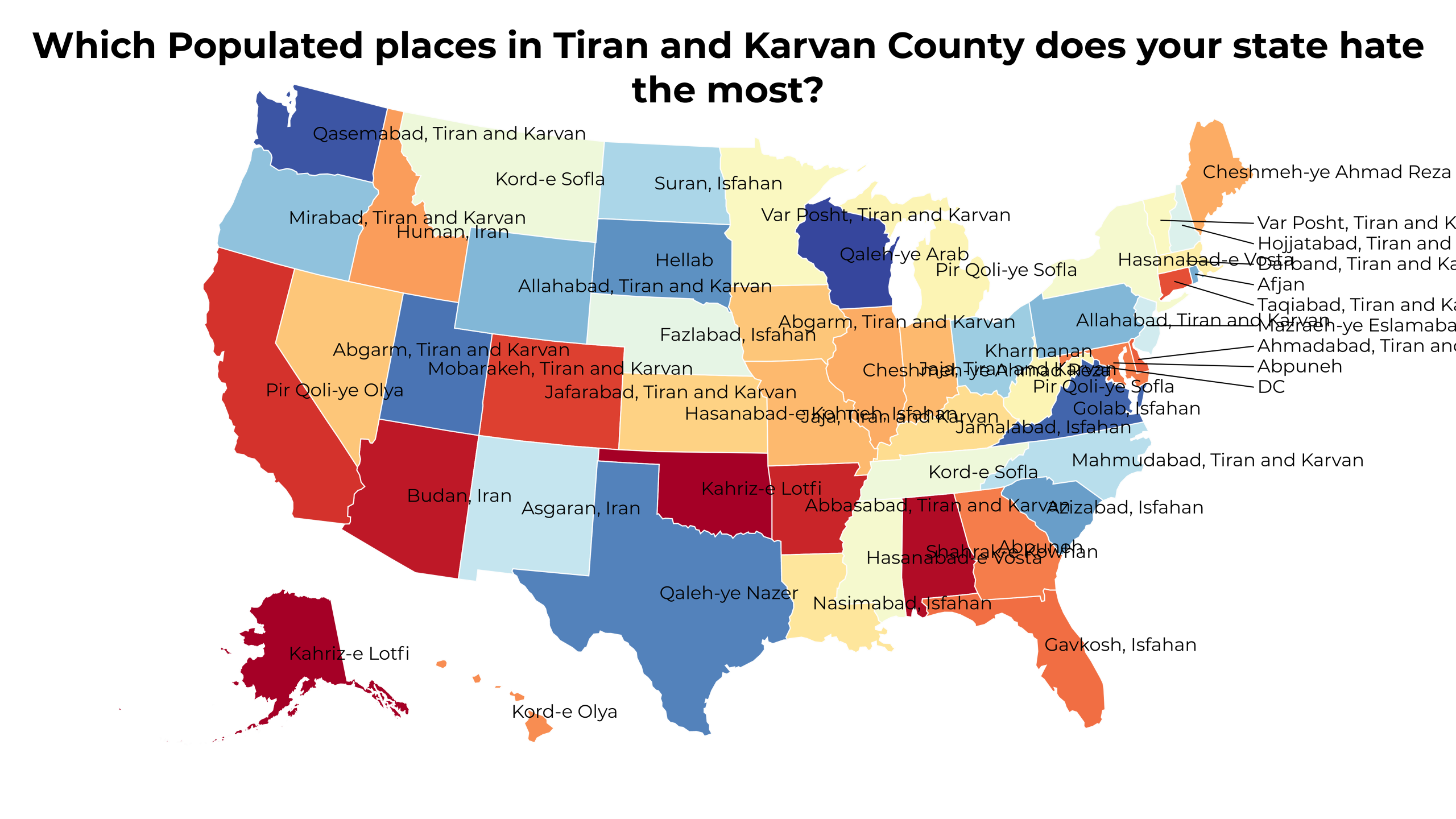 Populated places in Tiran and Karvan County map