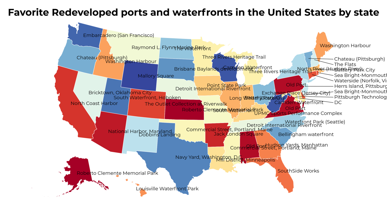 Redeveloped ports and waterfronts in the United States map