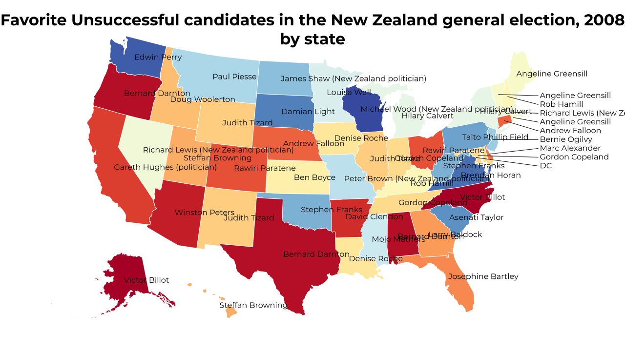 Unsuccessful candidates in the New Zealand general election, 2008 map