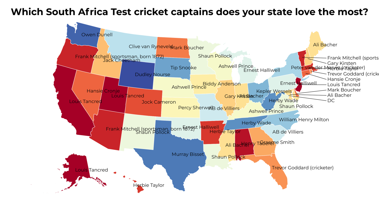 South Africa Test cricket captains map