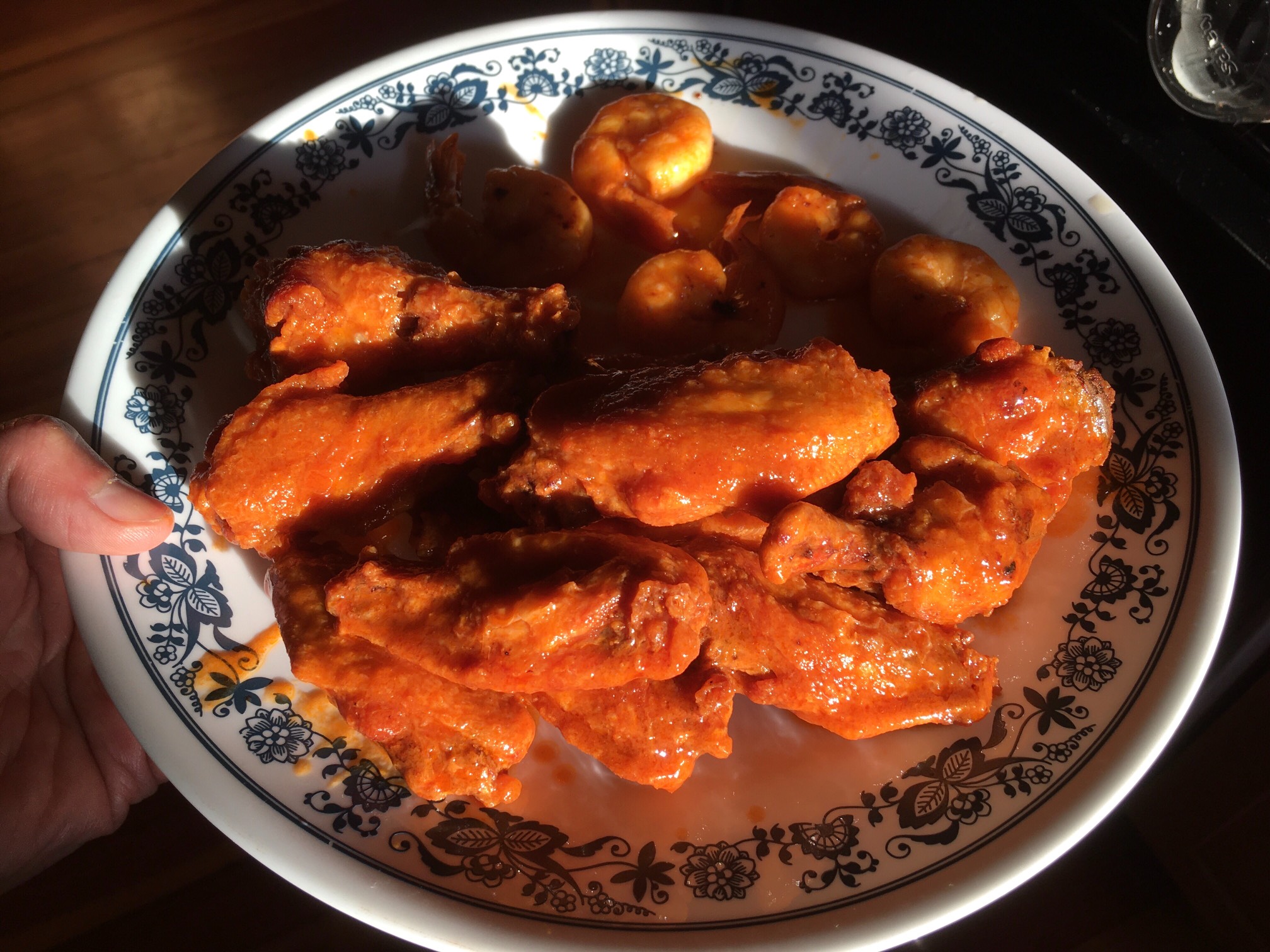 The second cooking of the buffalo wings, plus some shrimp why not.