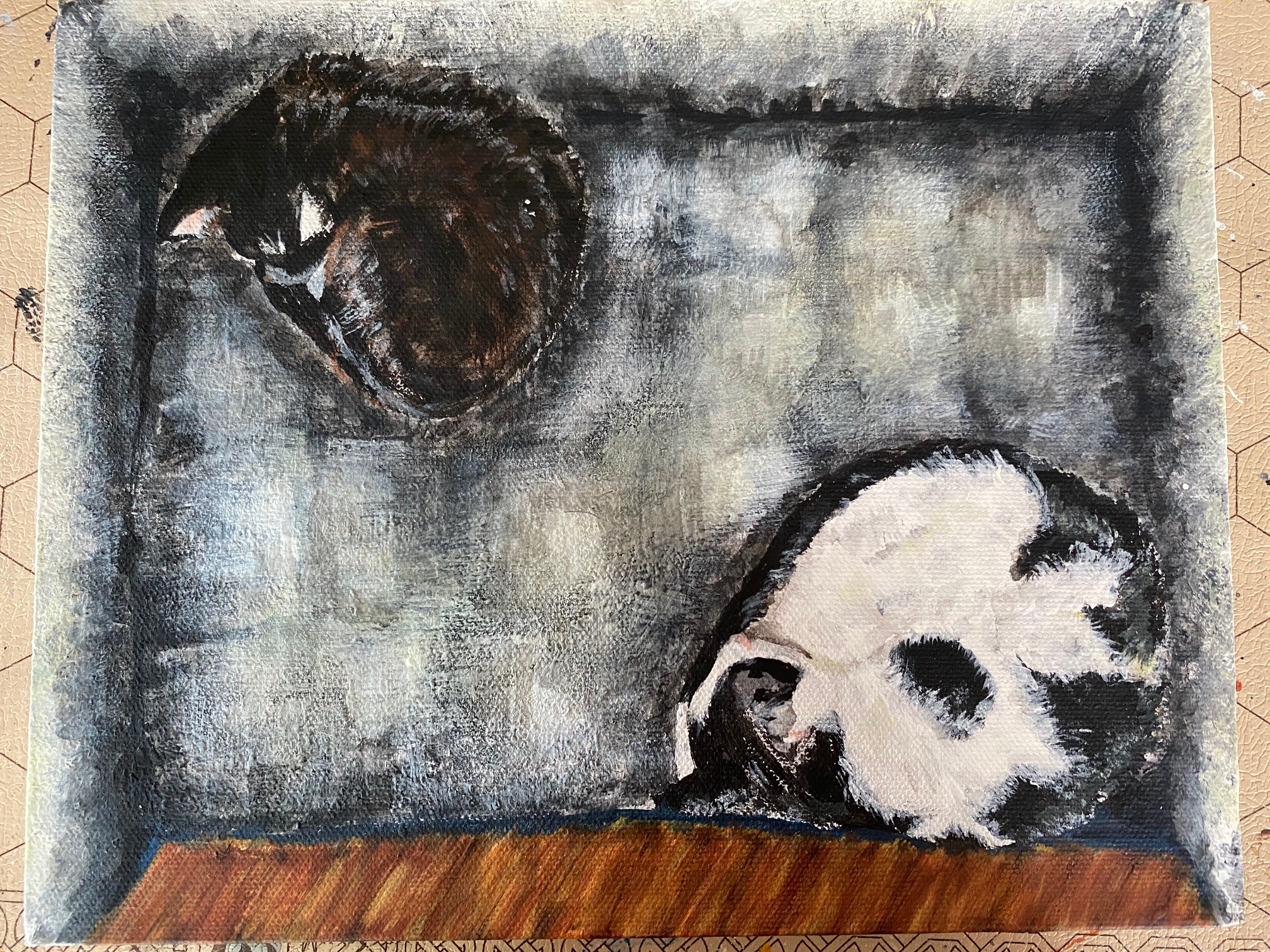 The quest for flooring continued last evening with some dark washes.Also, I moved painting t