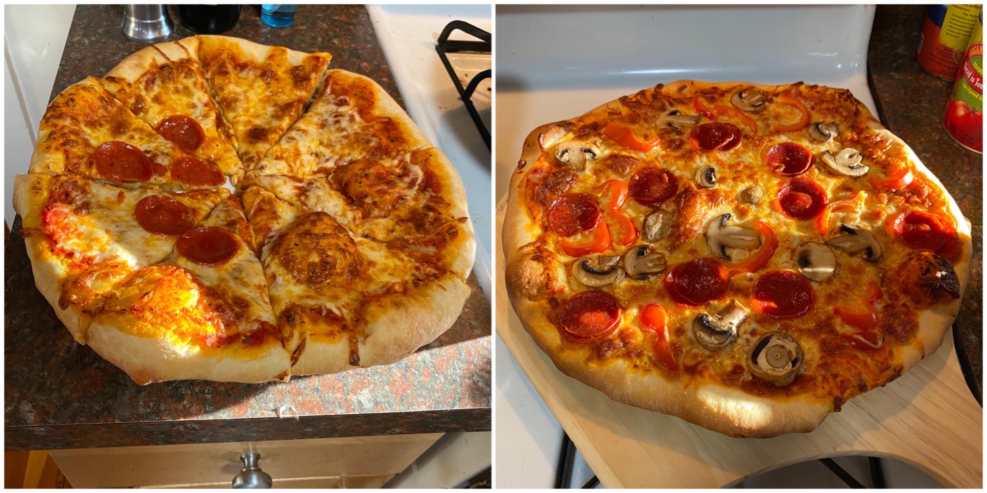 I made some fluffy-ish thick crust pizzas, in the style of Riverside Pizza. The bottom of the one wi