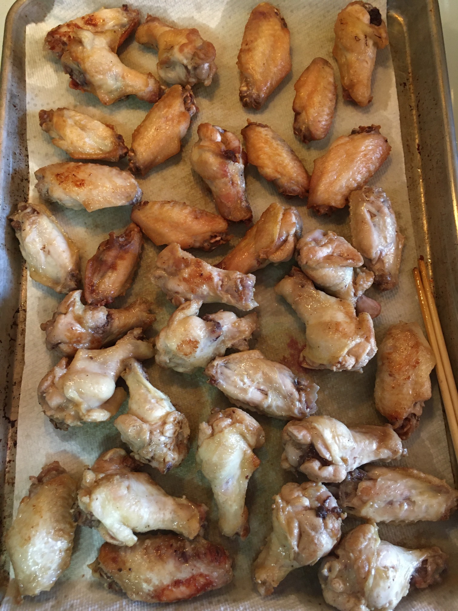 First round of twice-fried wings. I think these are a little too cooked for the first round, but we’