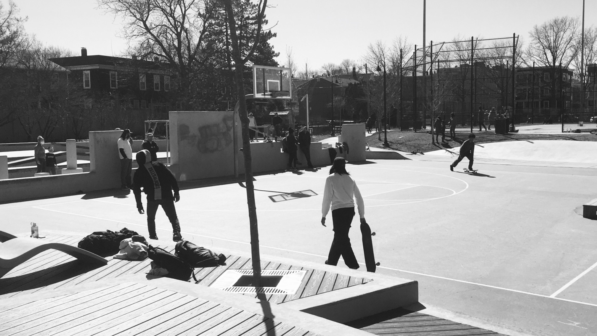 There’s a skate park in Somerville, which appears to have spilled over into the basketball court.