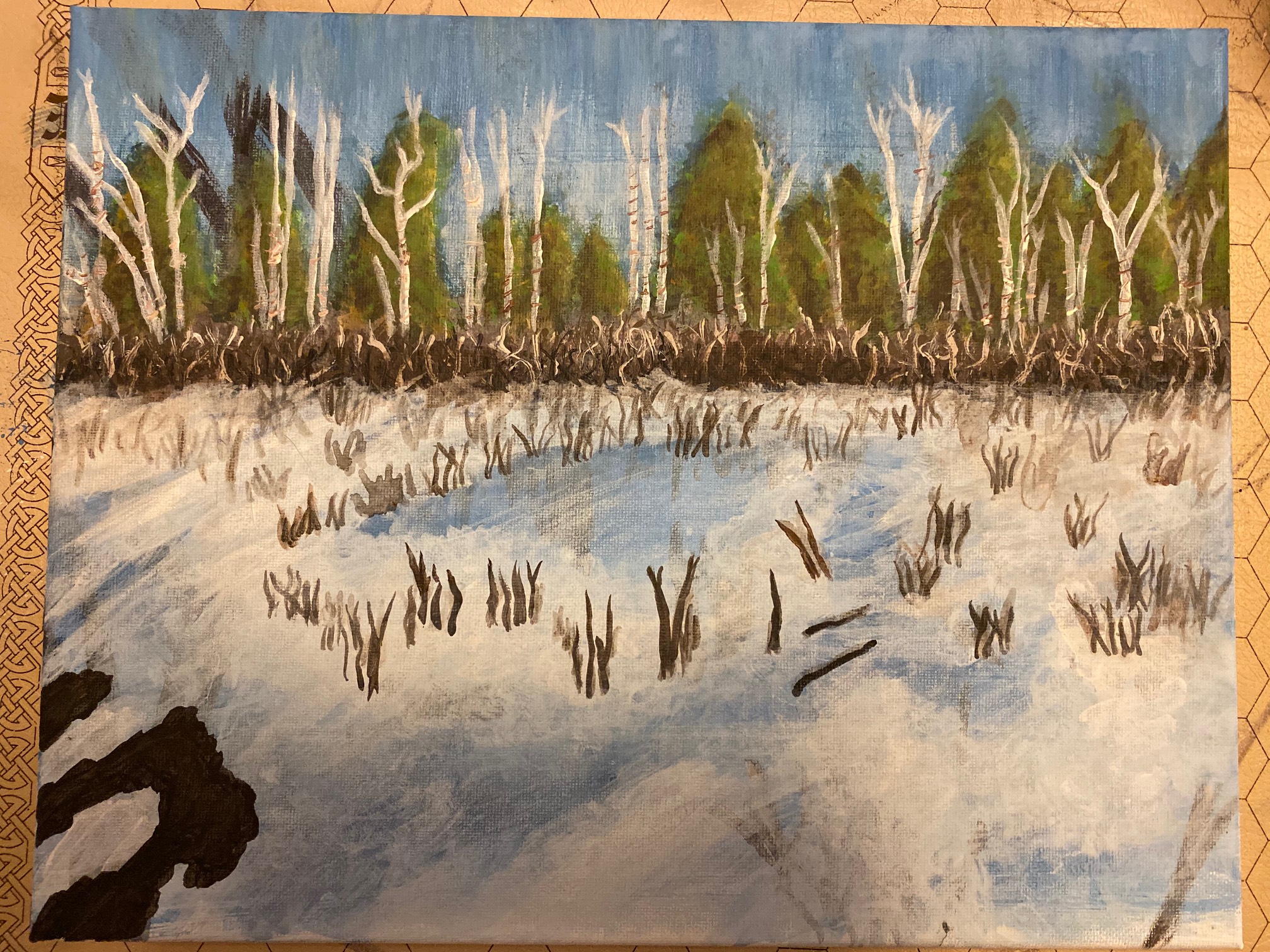 Restarted the white trees. I’d like them to be more solid, yet also not too prominent. <painting>