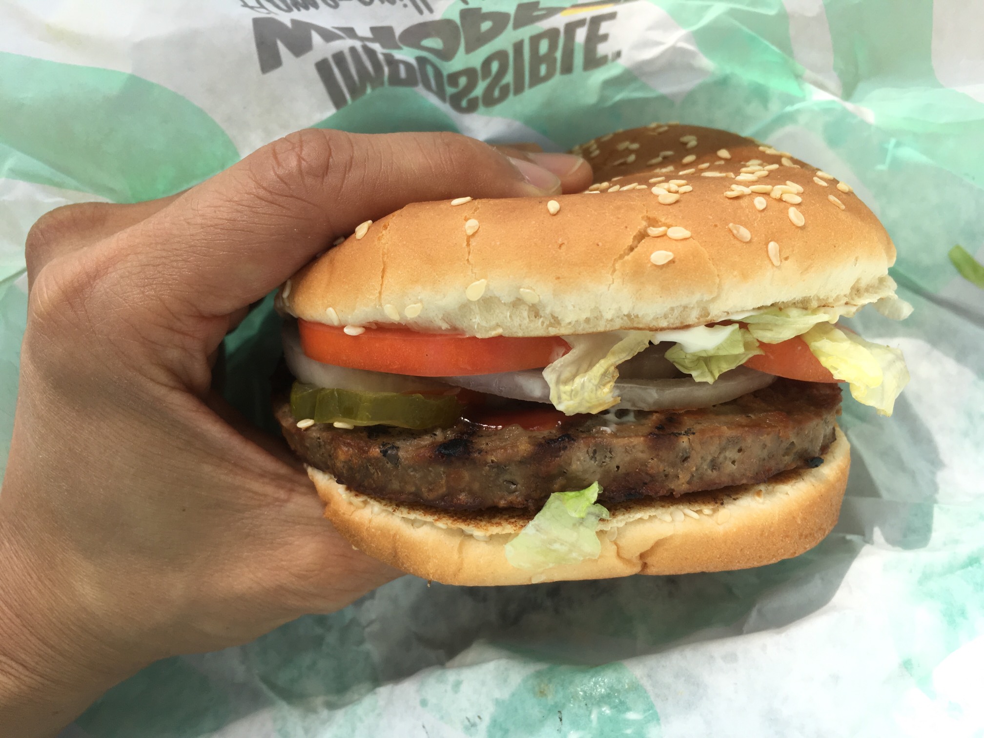 The Impossible Whopper (made from Impossible Meat, an all-vegetable meat substitute that uses a lot 