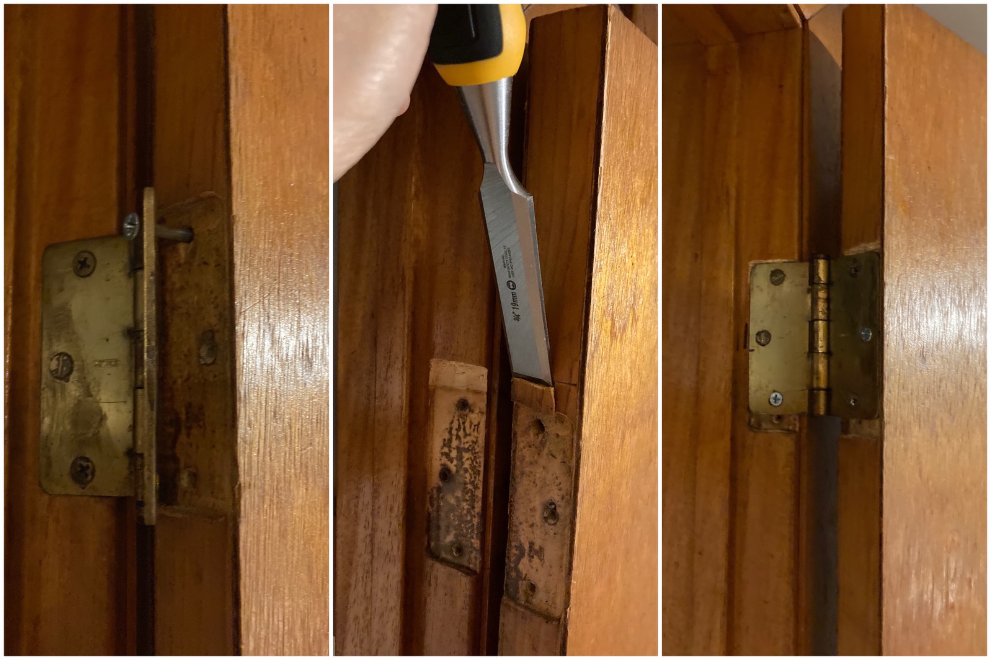 I finally fixed the stupid closet door that dragged on the floor if you weren’t careful. The holes f