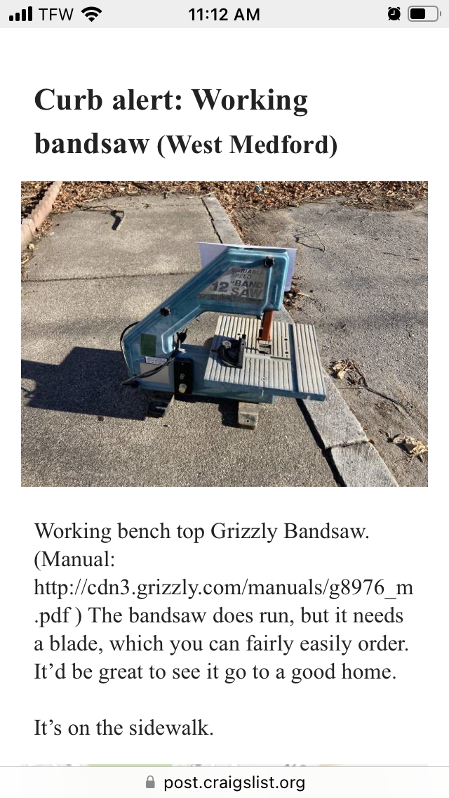 And thus ends the Bandsaw Saga. It was gone within forty minutes of posting this.
