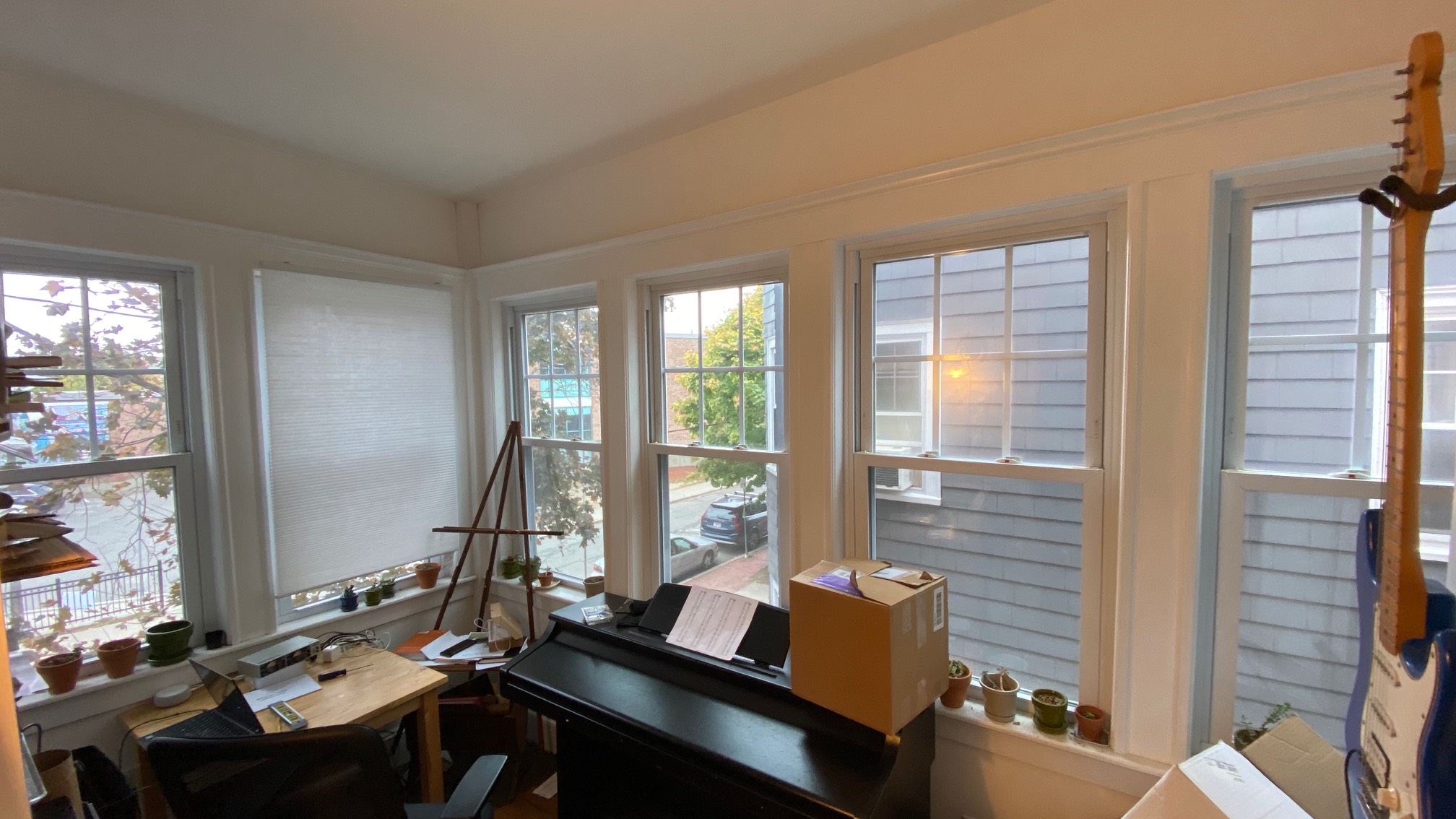 Put up one blind. This room has too many windows.
