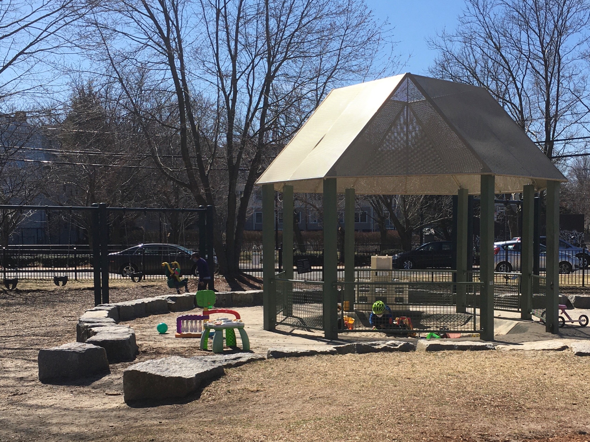 Hey, it’s warm. Just last week, I stood the entire time at this playground because sitting on these 