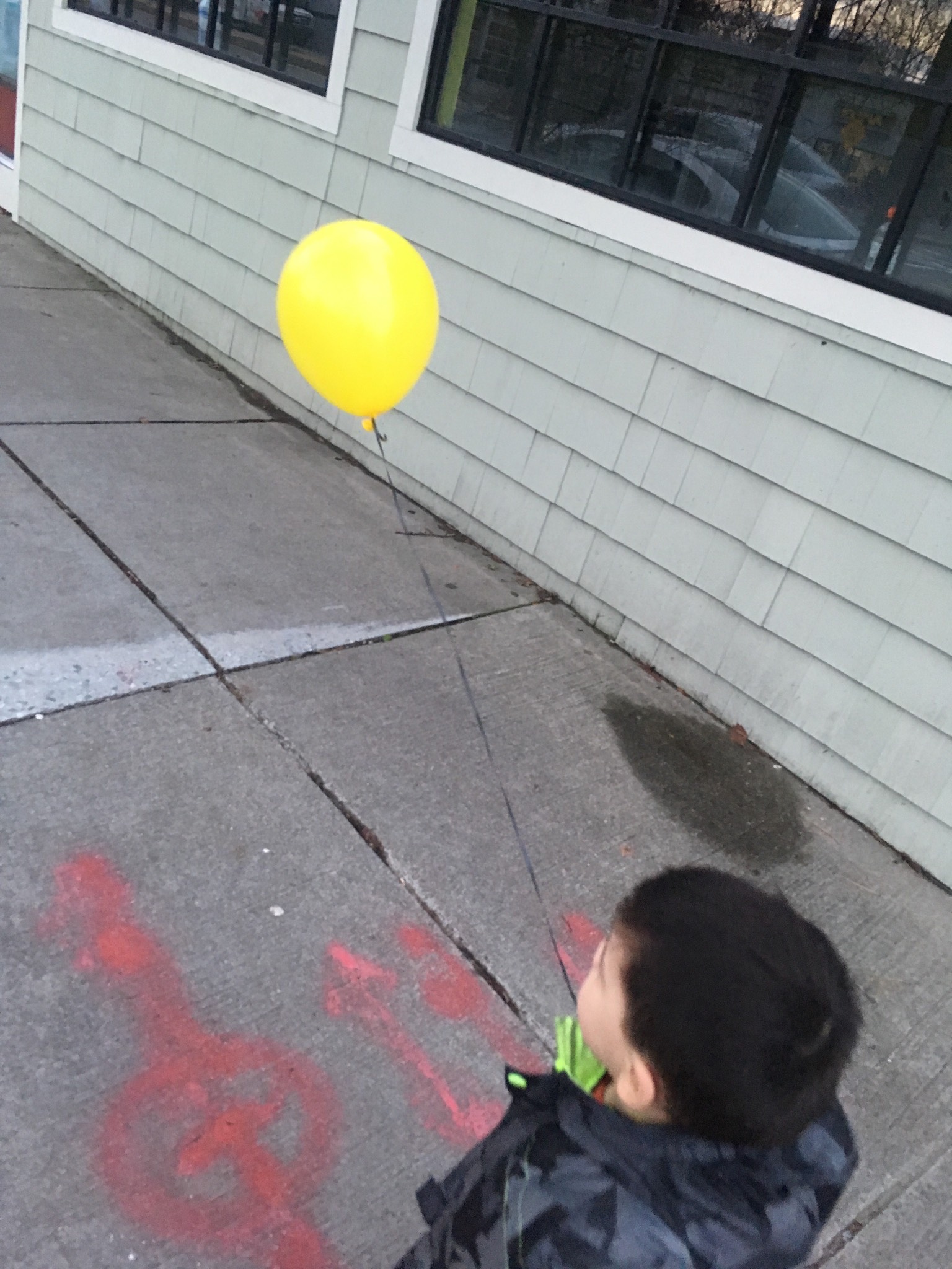 Epilogue: Five minutes later, it popped on a fence tip. RIP yellow balloon. When the guy came home, 