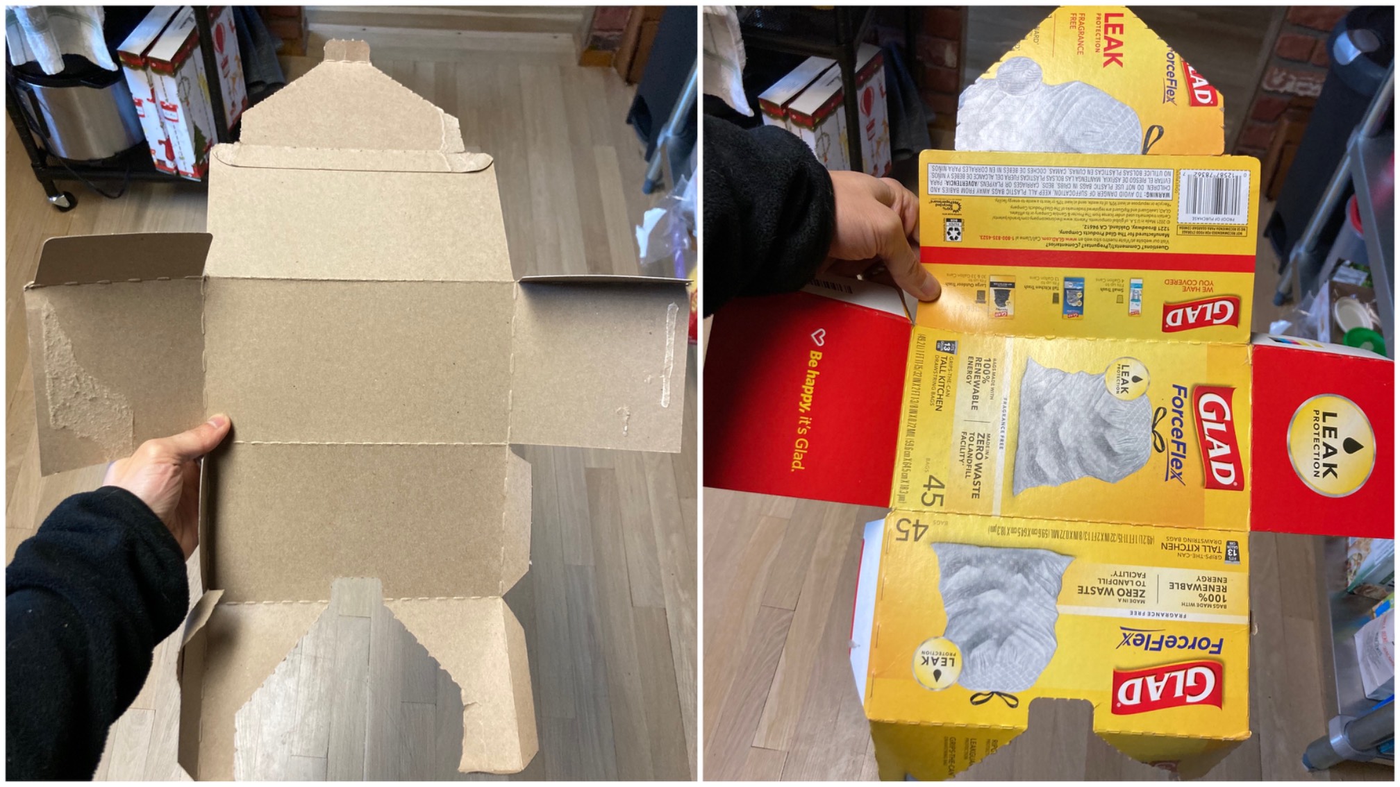 I broke down this this garbage bag box, and it looks like a little guy with a pointy hat.