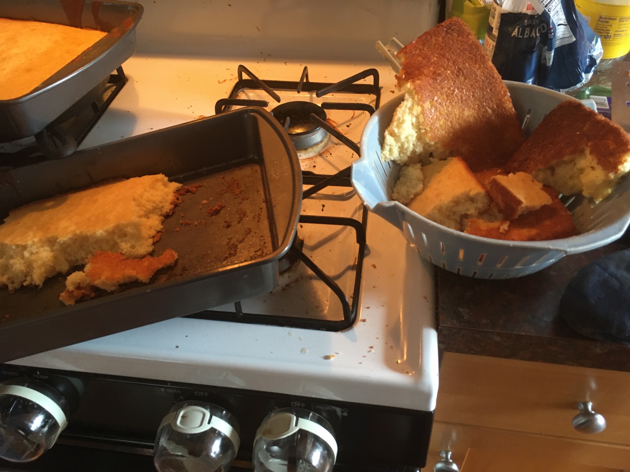 Aw dang. Really hard to get out of the pans. It can all be glued back together with frosting, though