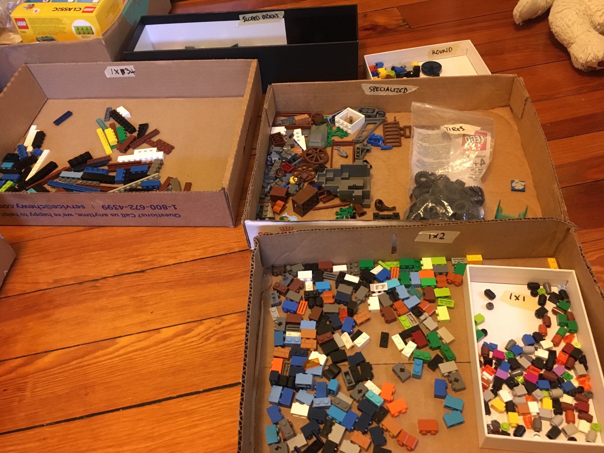 We used to have our Legos sorted by color, which worked for a while. Searches got really long, so I'