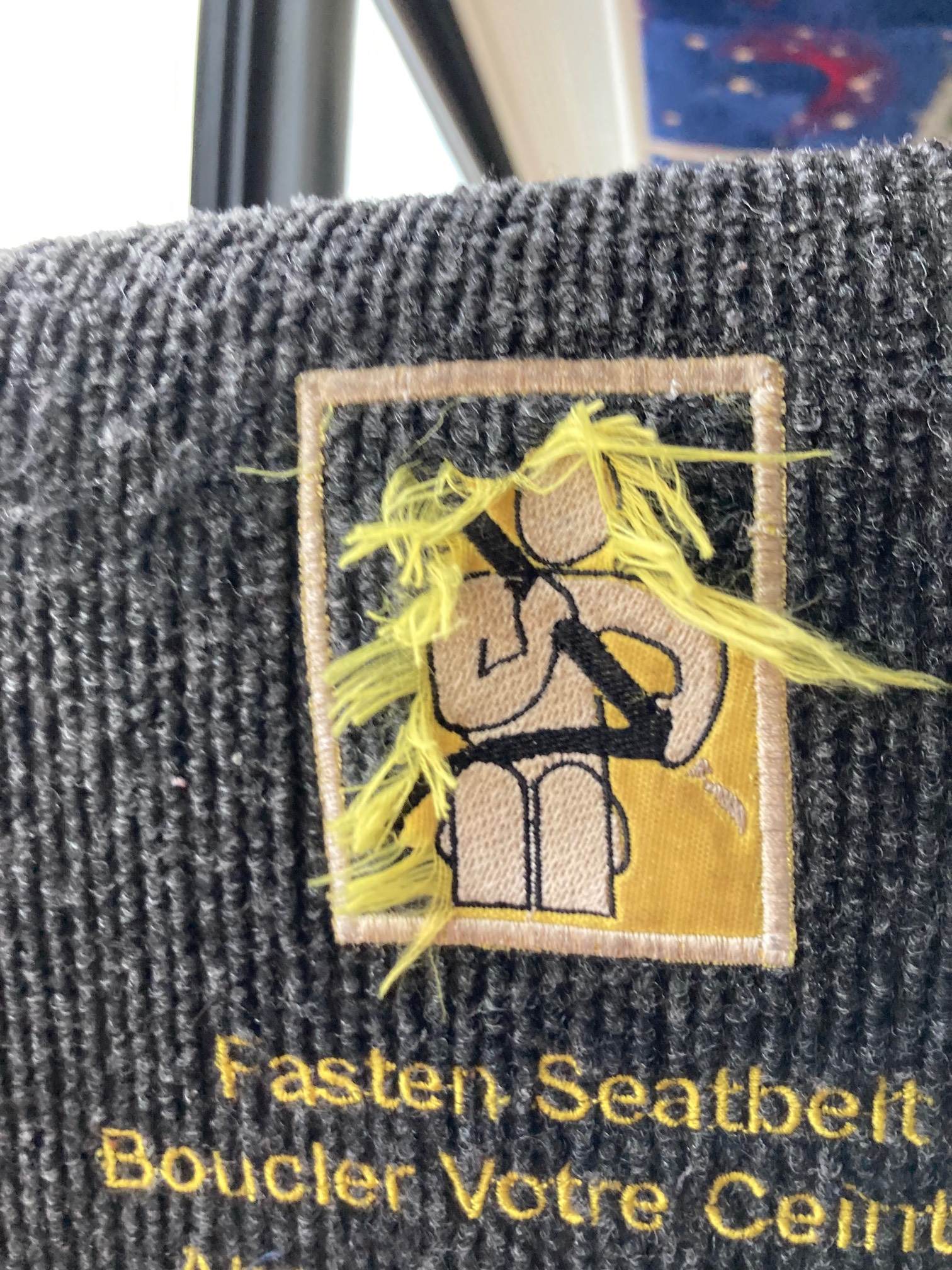 Fasten seatbelt diagram embroidered into back of bus seat