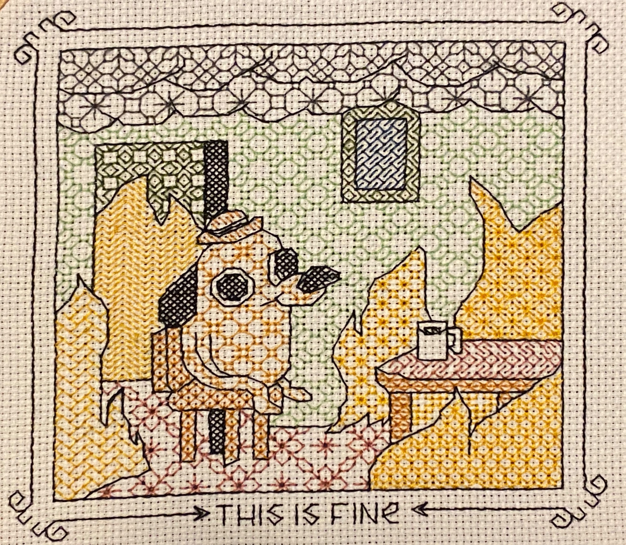 Katt made this embroidery This Is Fine. If you’re gonna burn, burn in cozy textures!