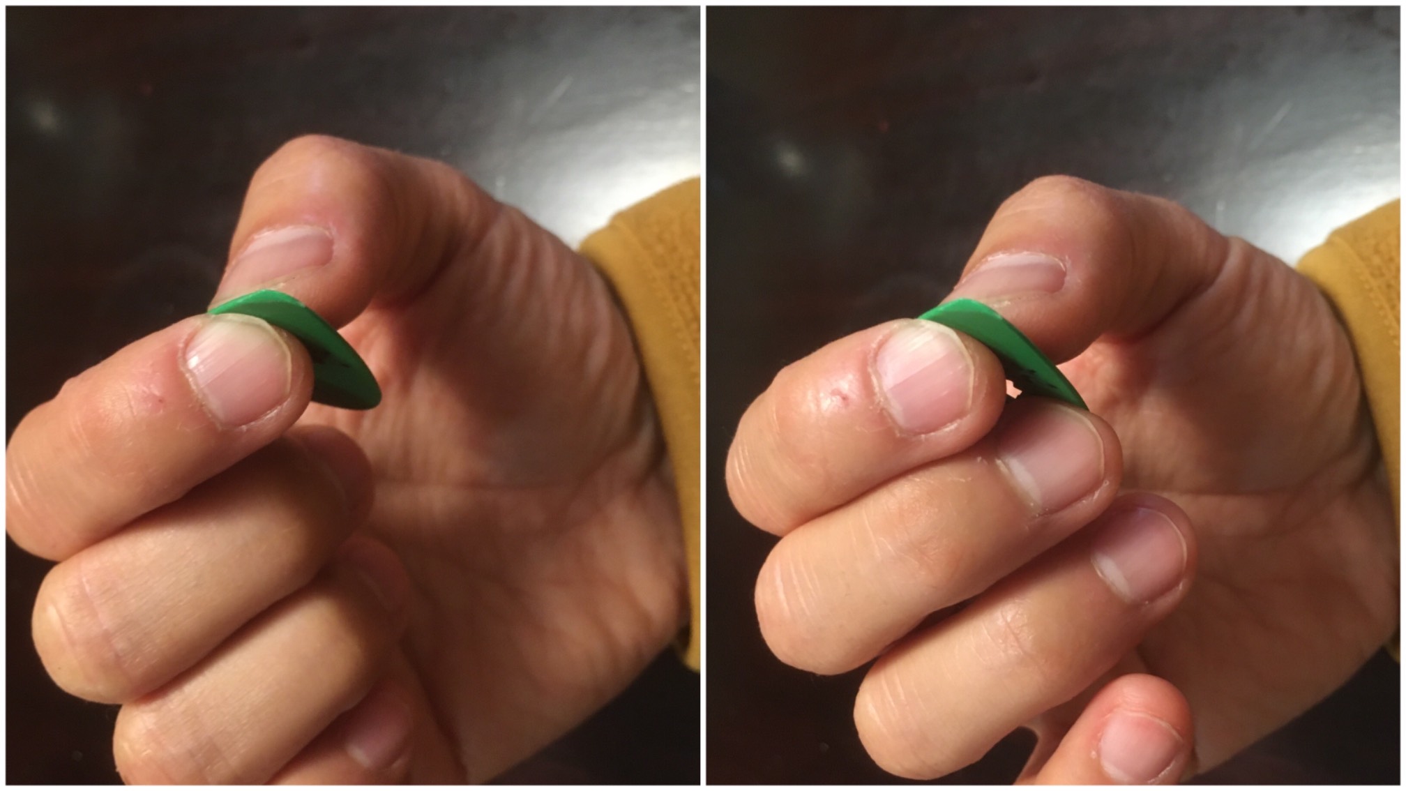 I have always had a weird pick grip (pictured at left). Maybe four years into playing guitar, I real