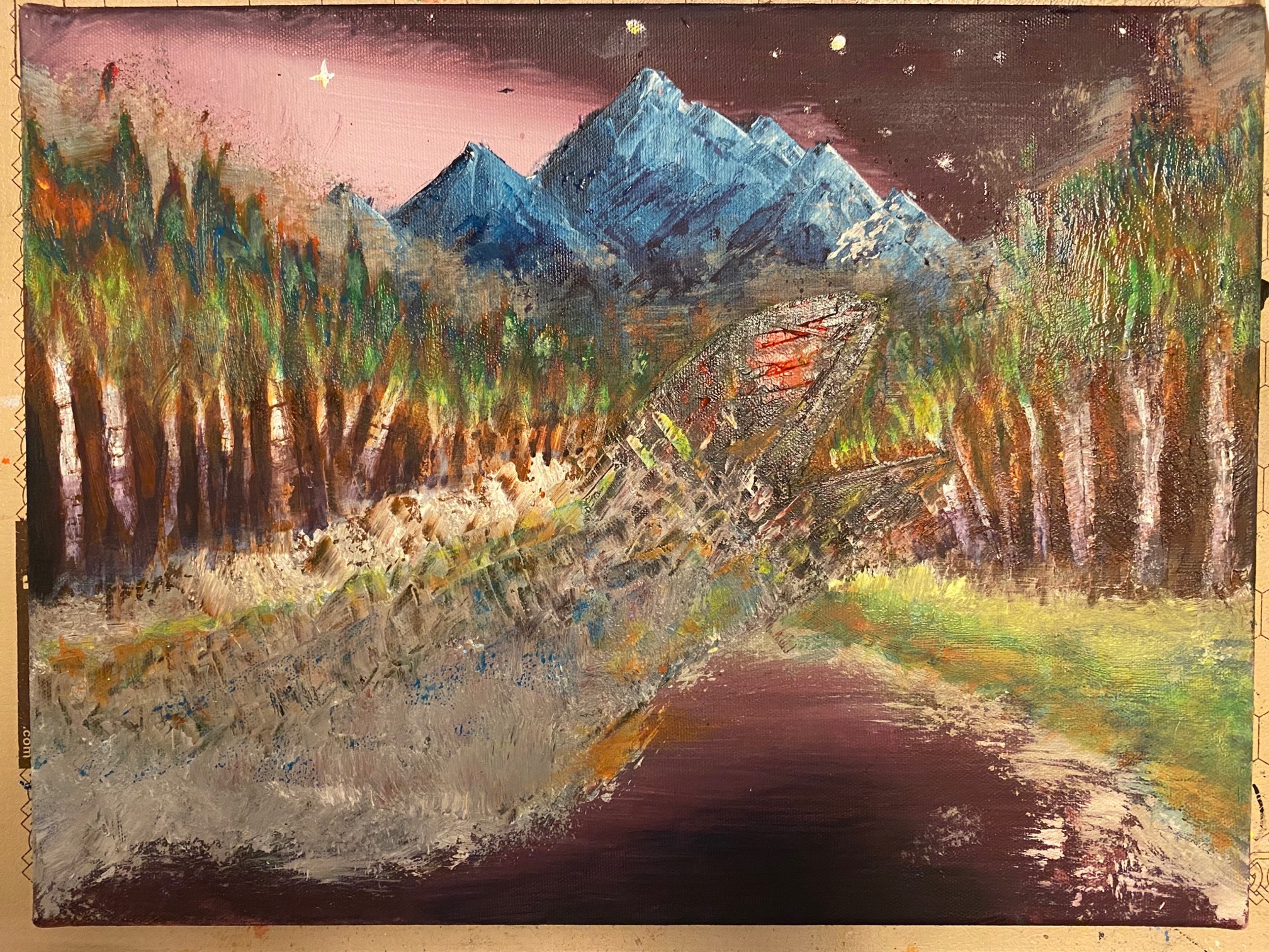 I decided the flames were a bit too pat, so now they’re trees that are mostly not on fire, but a bit