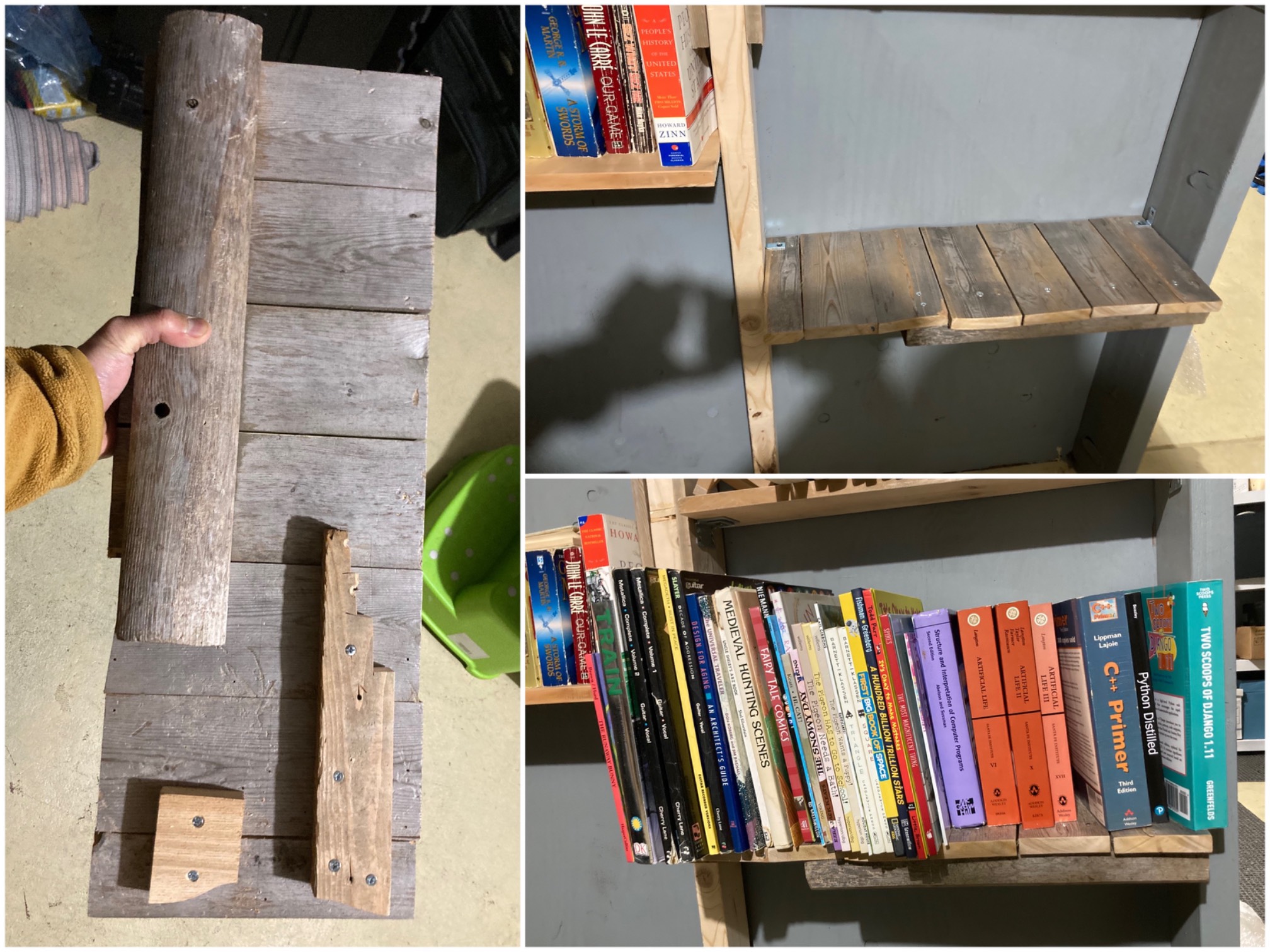 The most Frankensteined shelf yet! It’s deeper, so we can put bigger books on it.It’s alread