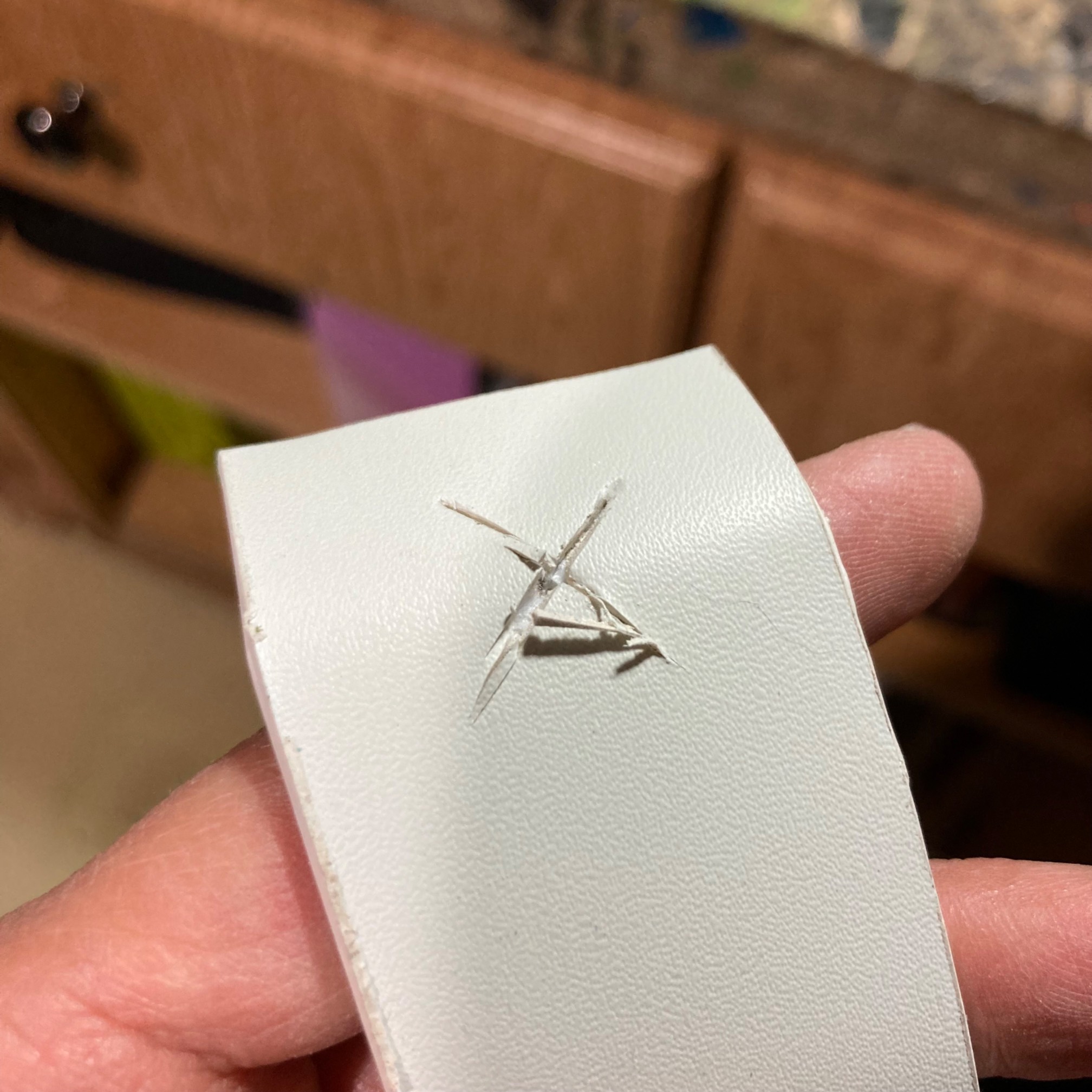 X hole cut into strip of plastic 