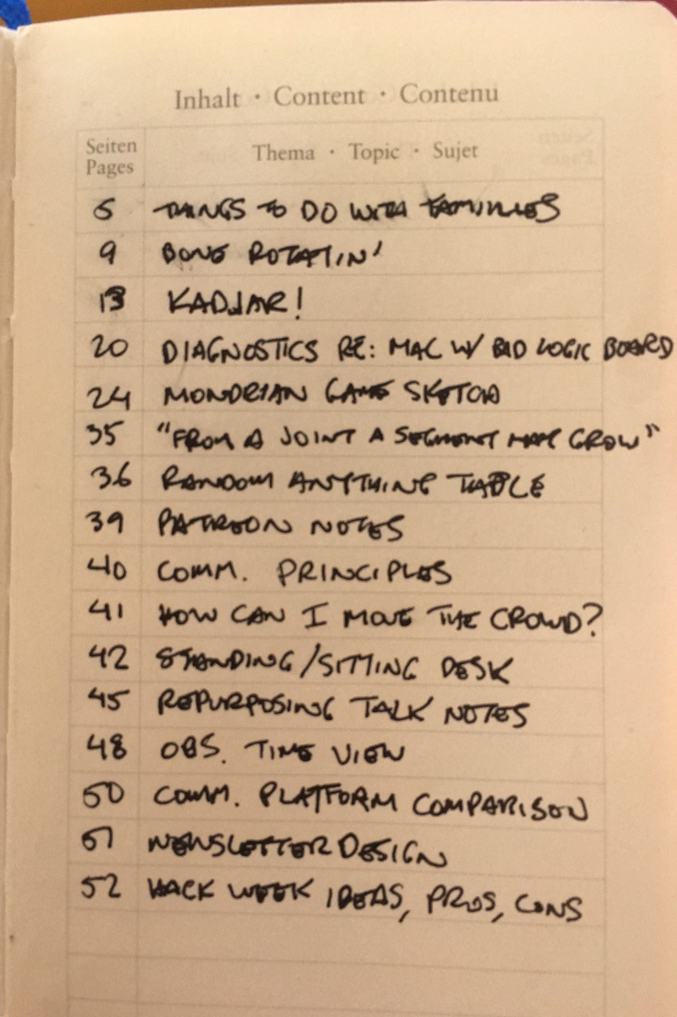 I filled out the table of contents on an old notebook. It's nice to be able to quickly know what's i