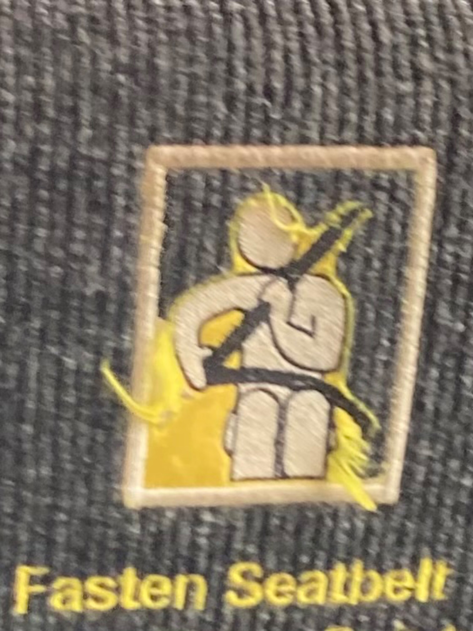 Fasten seatbelt diagram embroidered into back of bus seat