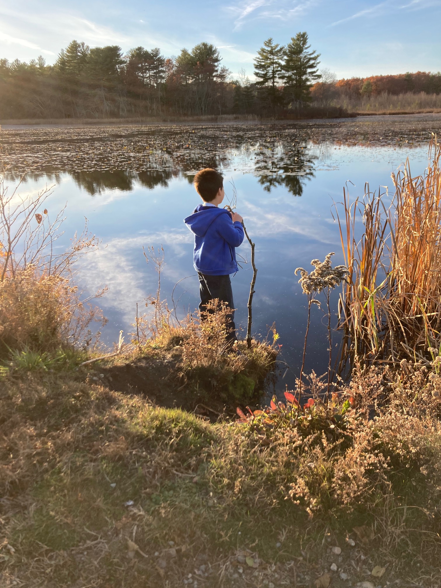 Kid with stick on tuft of land sticking out into watee