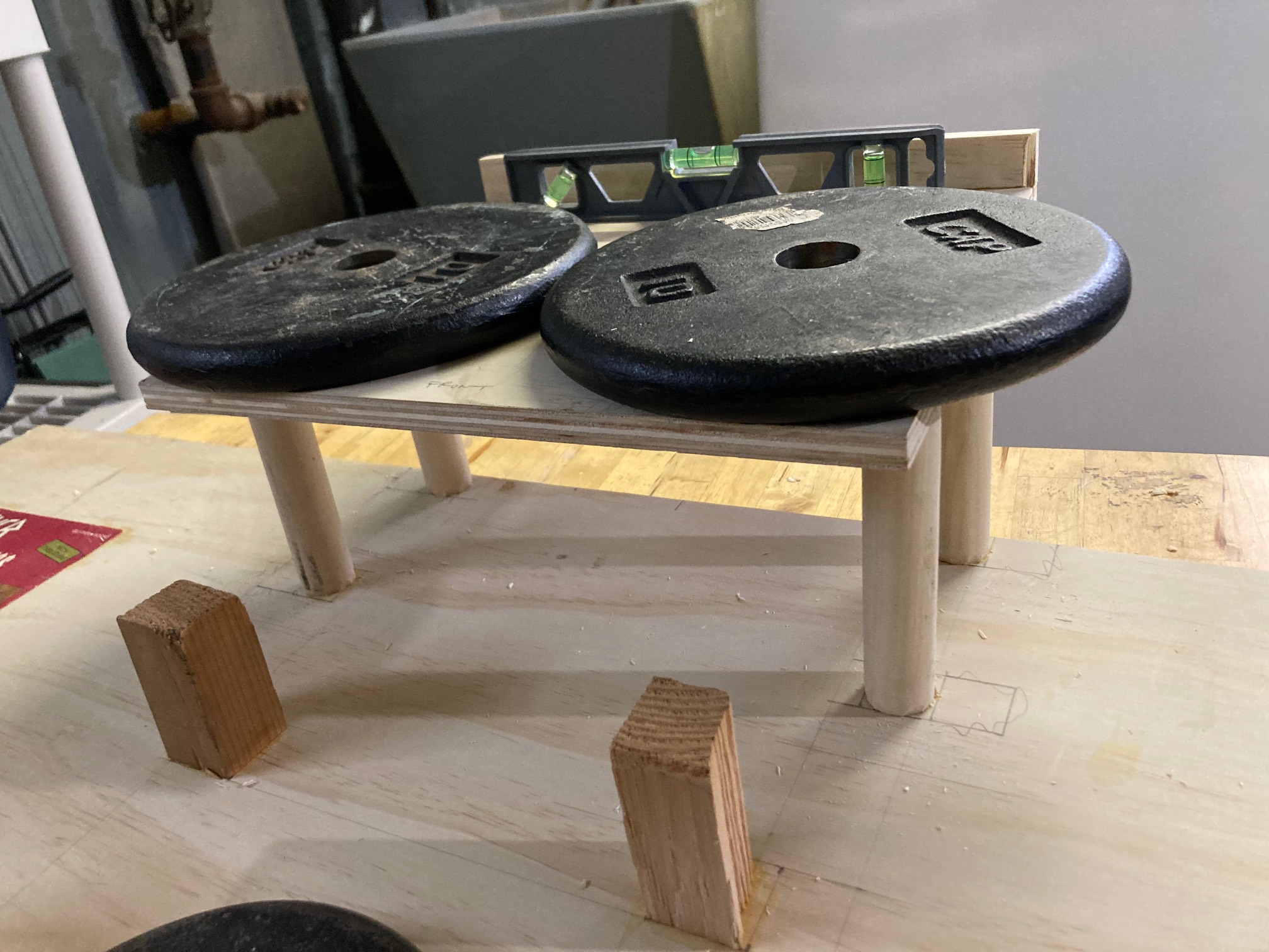 The gluing of the dowels is commencing. It’s fairly miraculous that it’s level.