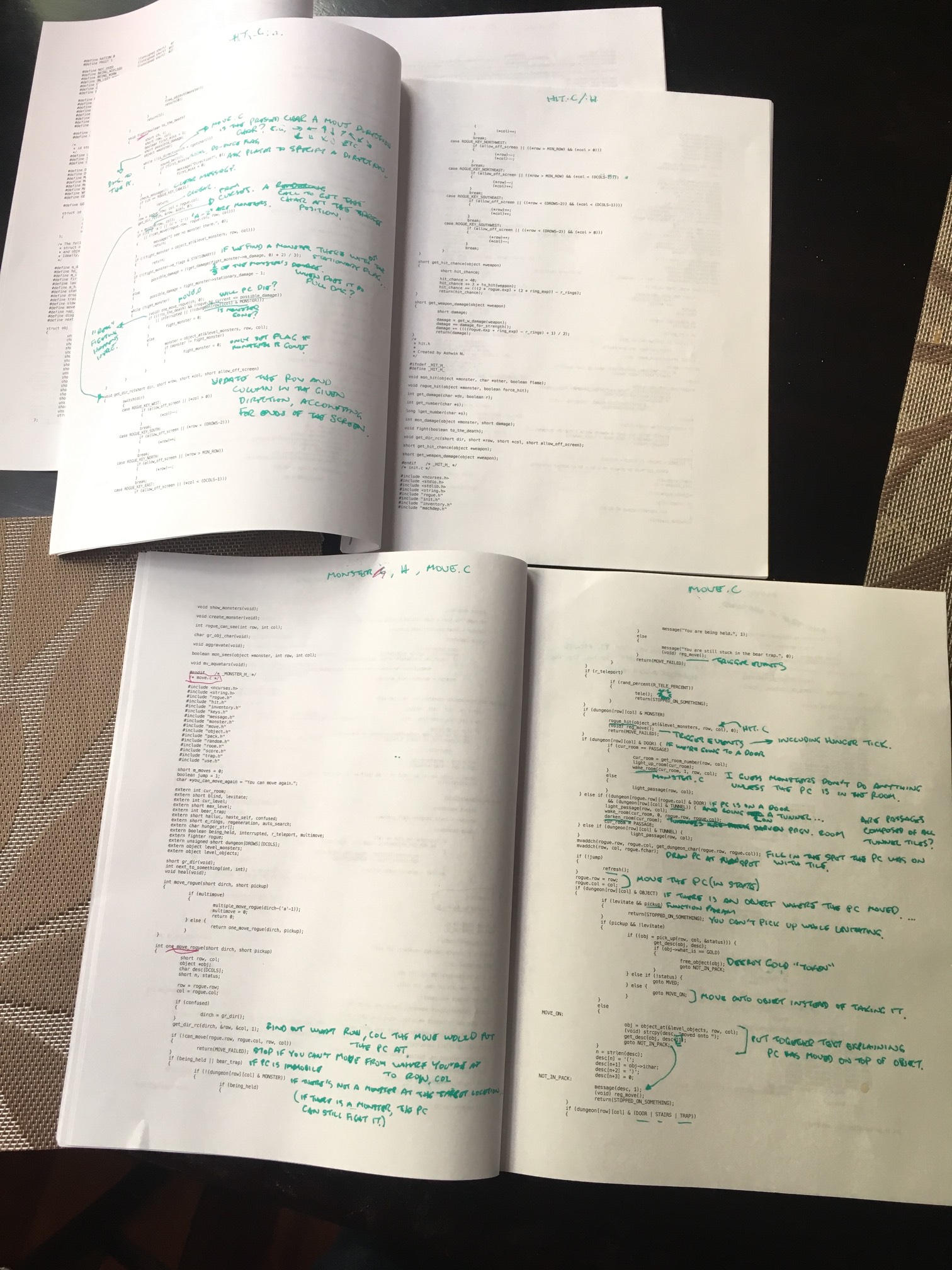 In lieu of continuous screen time, I've printed out the source of Rogue and am annotating with pens.