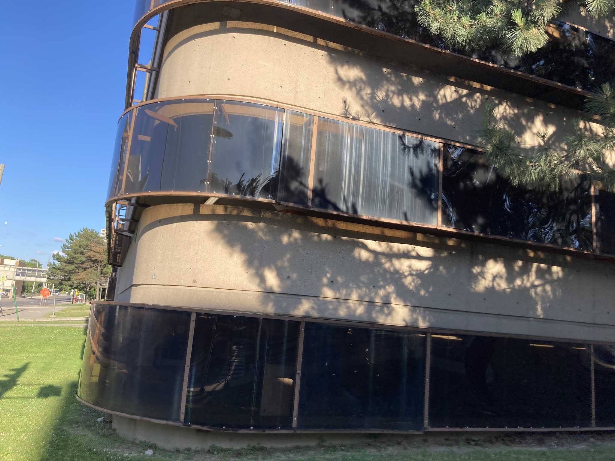 Brutalist building with shade panels