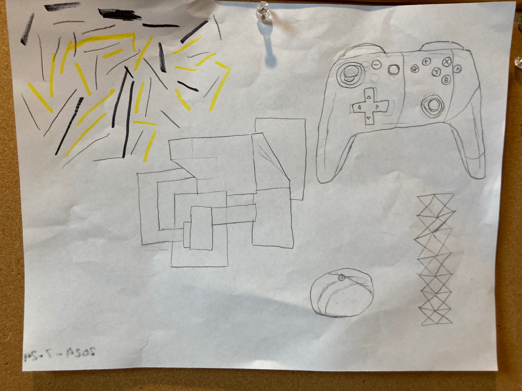 A drawing of three abstract objects and one Switch controller