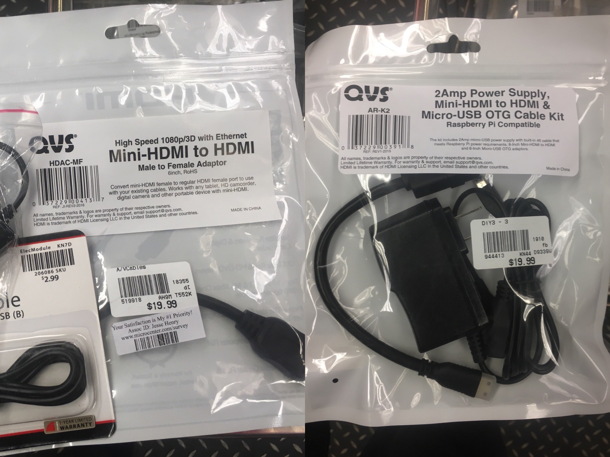 Pricing at Micro Center is weird, Exhibit B. On the left, a mini-HDMI to HDMI cable for $20. On the 