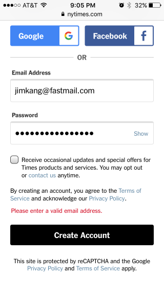 Oh, the New York Times. (It later accepted a Gmail address.)