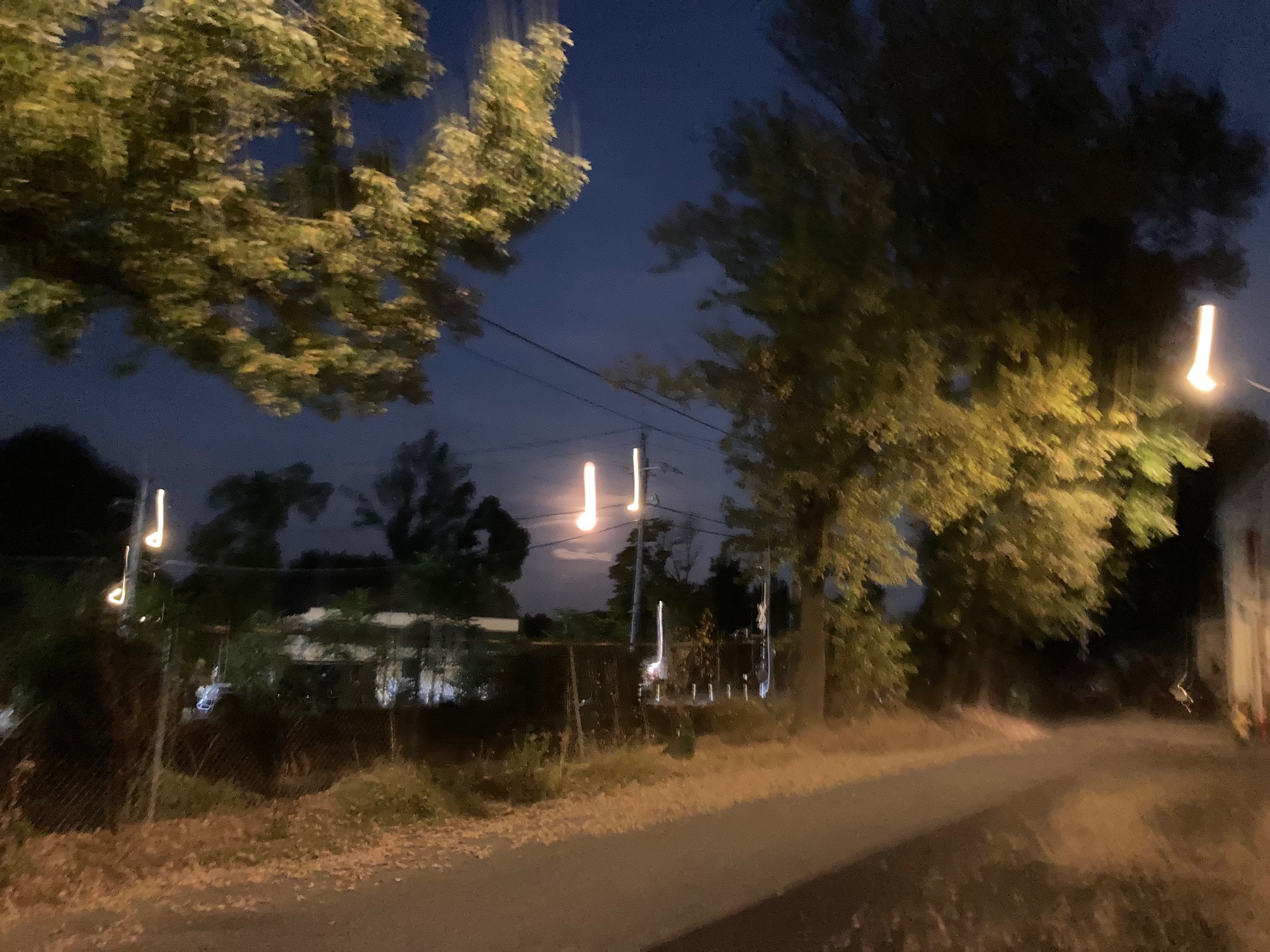 Night scene with light streaks where the moon and street lamps should be