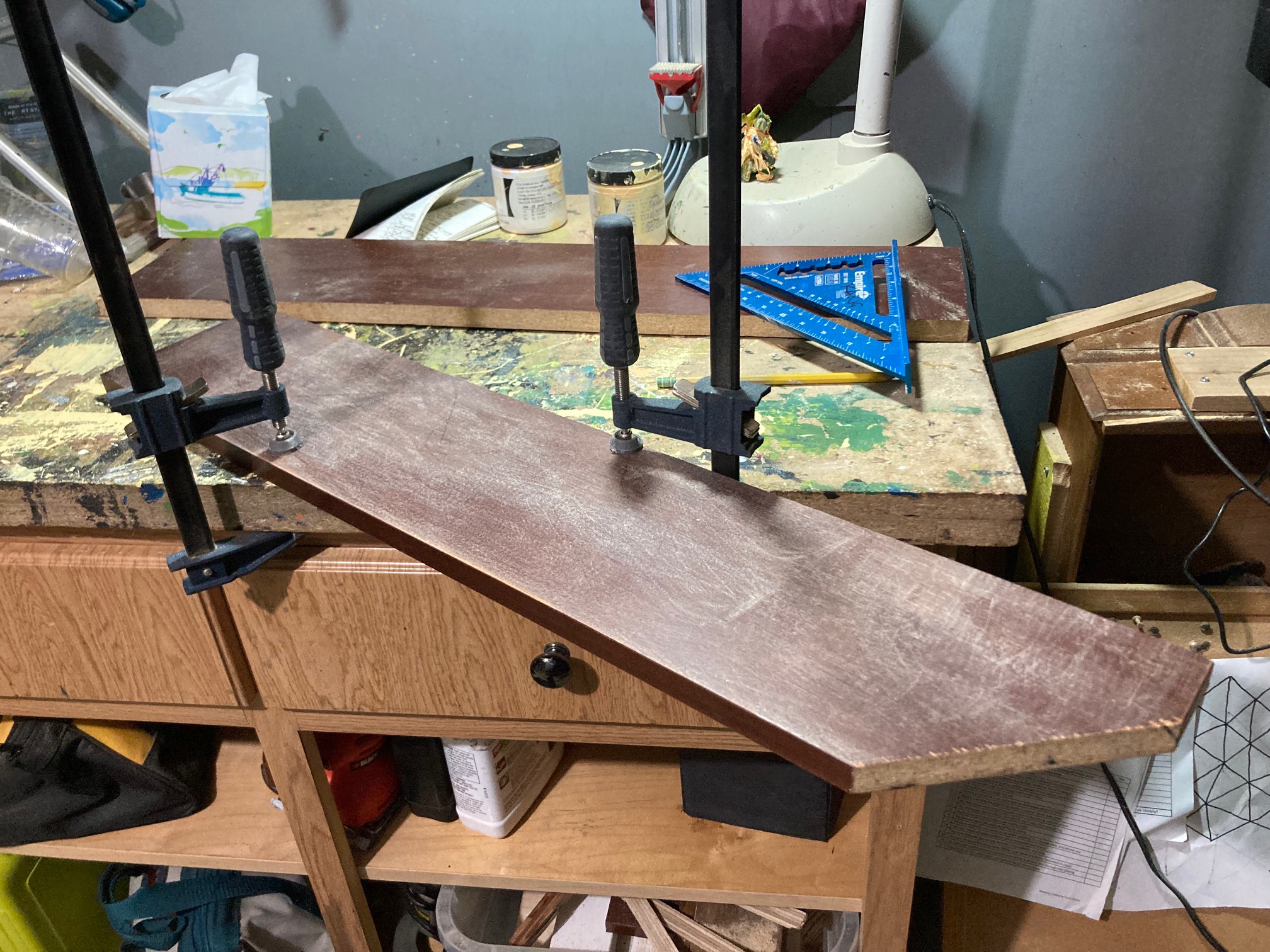 Cut boards on workbench